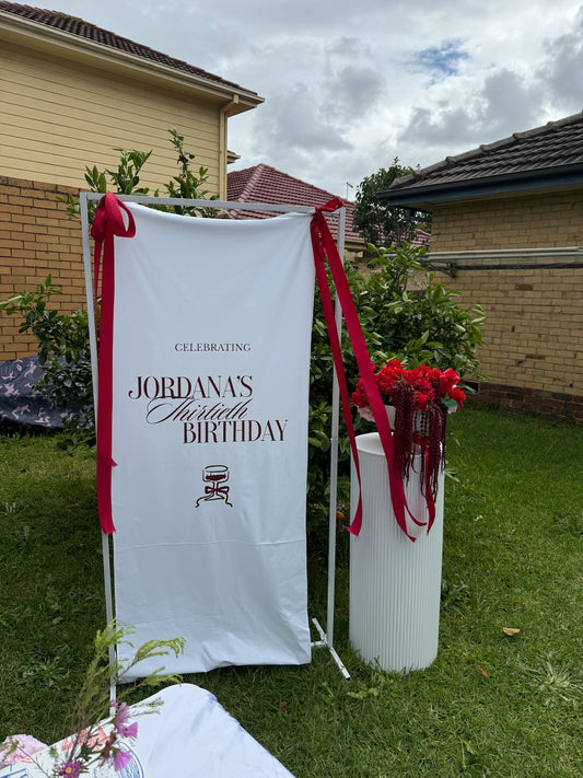 Bundle: Fabric Sign (Keep), Stand and 1 x Plinth (Hire) - VIC Customers Only